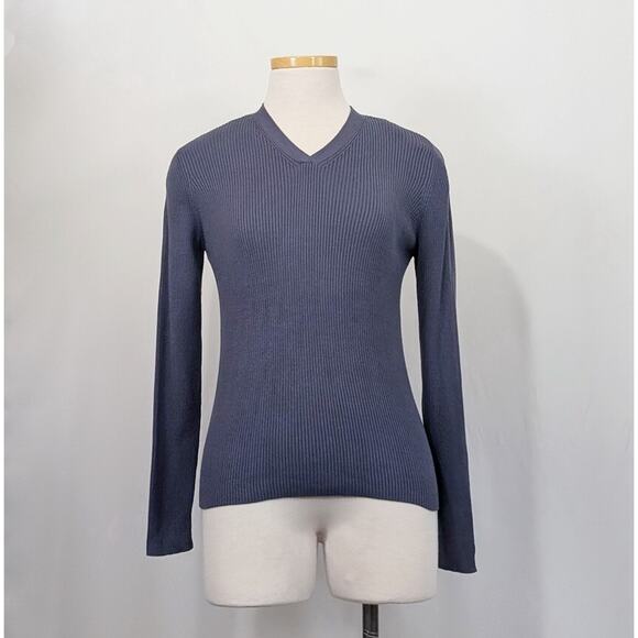 Vintage 90s Sweater Blue Gray Ribbed Knit Silk Blend Misses Size M Nordstrom - Picture 1 of 6